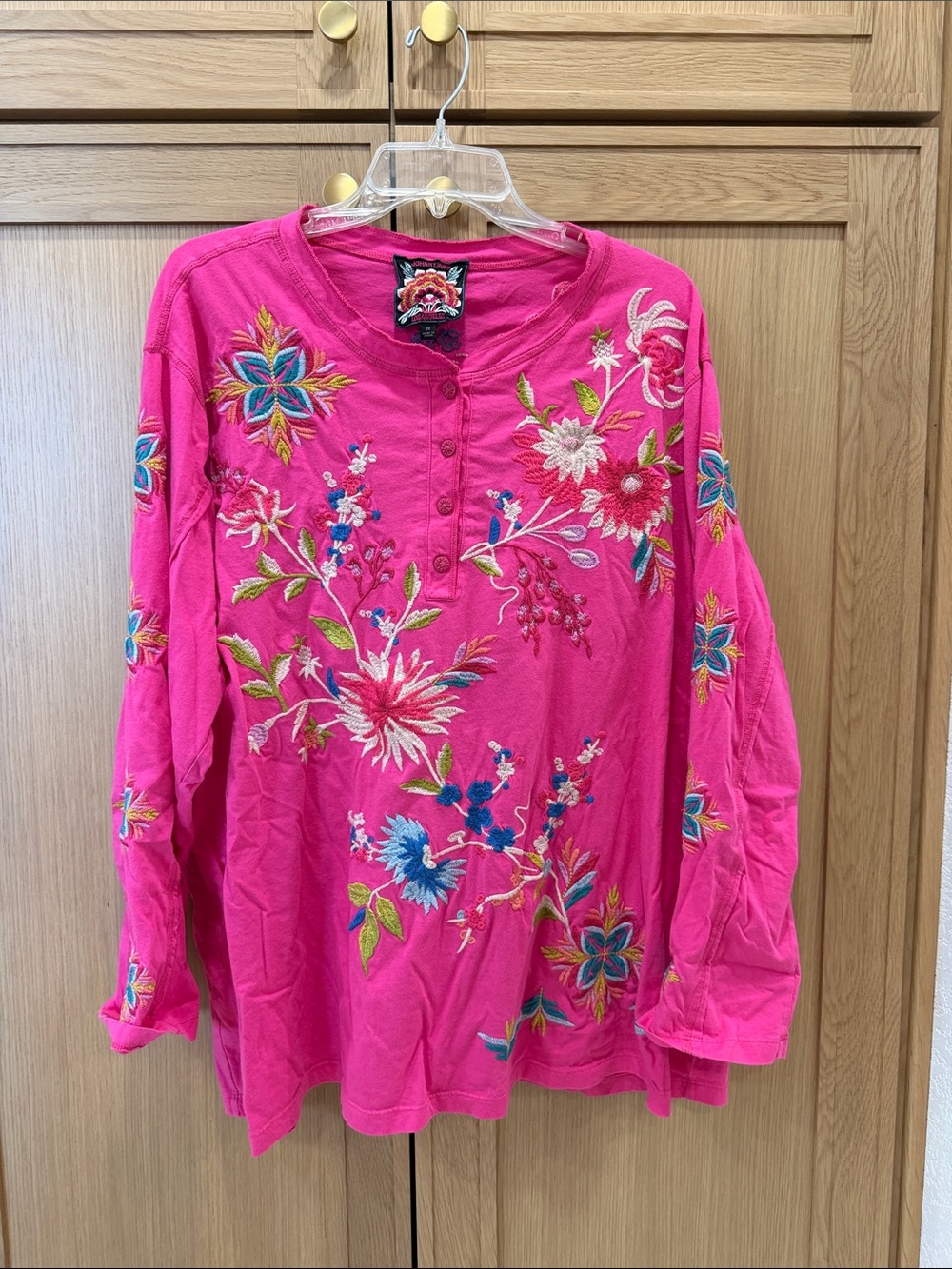 Johnny Was Fuchsia Embroidered Floral Henley Tunic